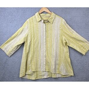 Soft Surroundings Top Womens 1X Yellow Striped Linen Blend Button Up 3/4 Sleeve